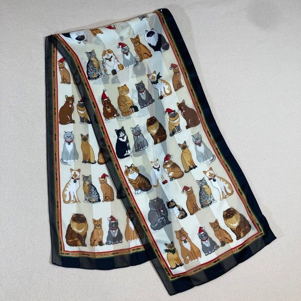 Vintage Christmas Cat Meow Neck Scarf Polyester‎ Santa Hats 57in. X 13in.